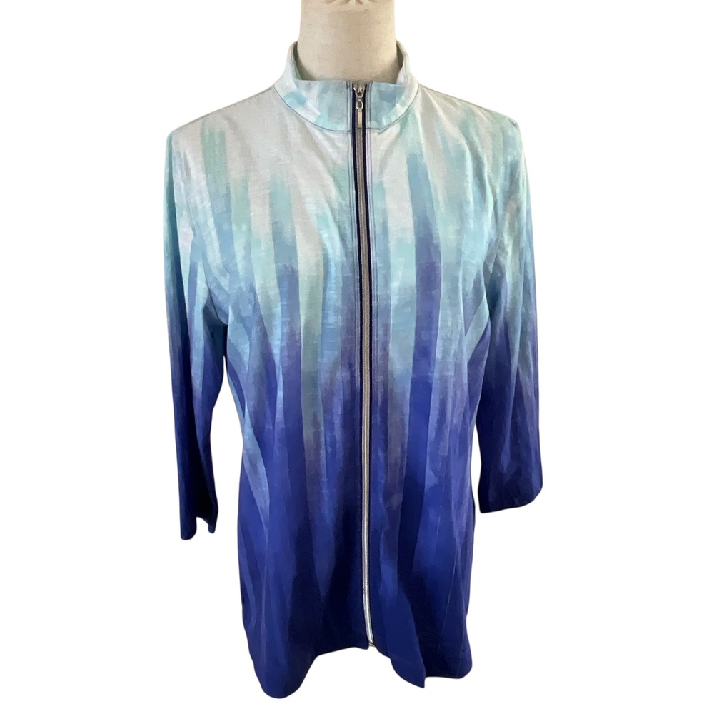 Weekends by Chico's Blue Ombre Vertical Stripe Zip Up Jacket Top Size 1 M 12
